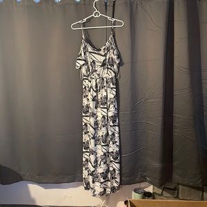 Off shoulder blue/gray and white maxi dress with two slits